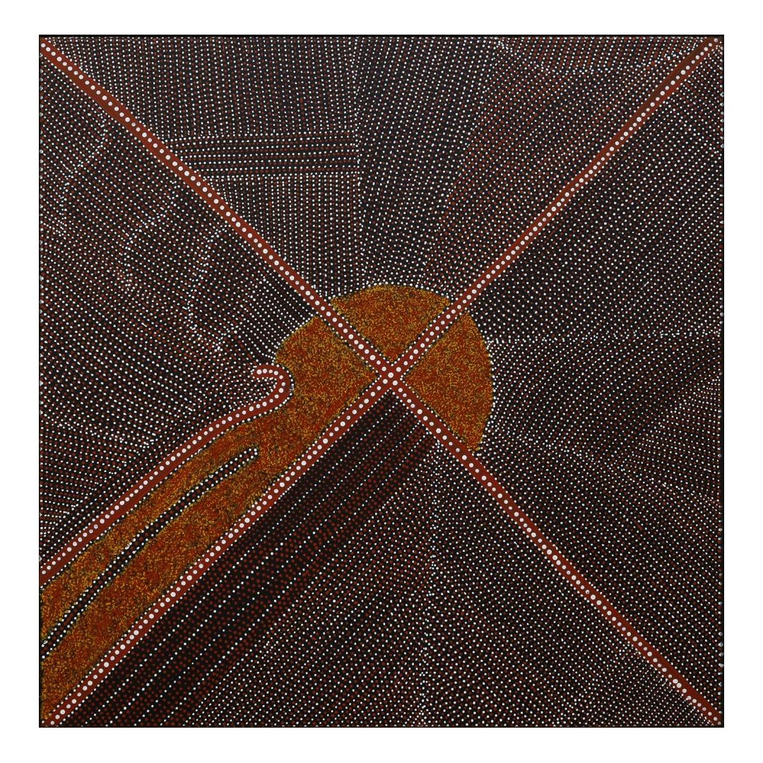 Ein beeindruckendes zeitgenössisches Aborigine-Gemälde von Kathleen Petyarre (1940-2018). Das Gemälde stammt aus dem Jahr 2012. Es ist aufgespannt (ohne Rahmen, aber hängefertig) und wird mit einer Kopie der Galerieprovenienz geliefert, wie auf den