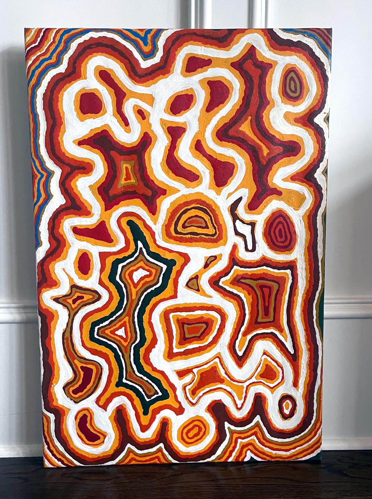 An aboriginal contemporary painting by Australian artist Ningie Nangala (born 1938-). The colorful canvas depicts the artist's ancestral country called Nawilyi in the Great Sandy Desert which is dotted with salt lakes. The green encircled area on