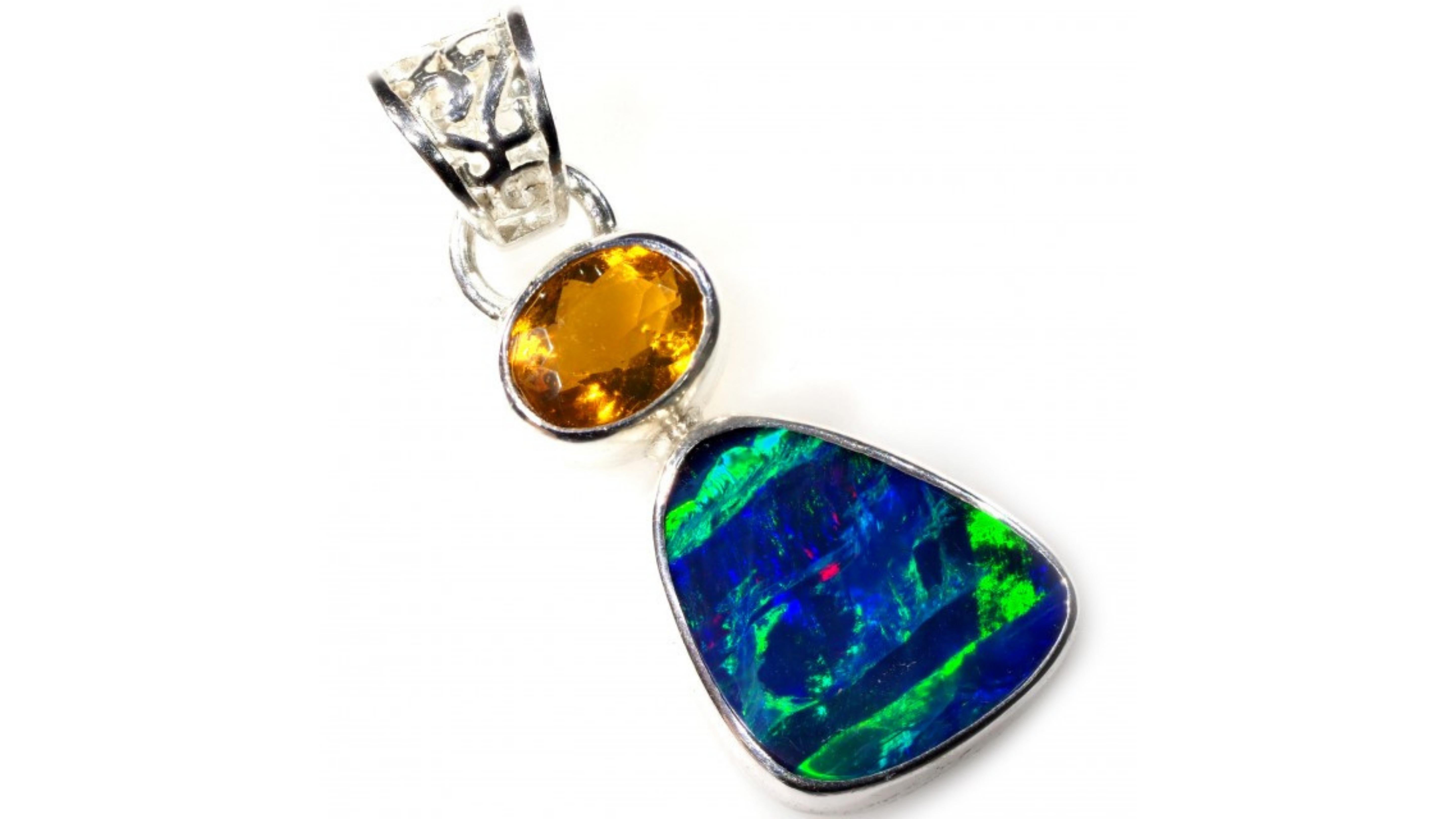 
Australian Opal Necklace with Mexican Opal at the top of pendant .  Its om Coober Pedy South Australia which shows of bright colors Blue Green Yellow. 

Mexican Opals are known for their vivid yellow, orange or orange-red colors. The intense color