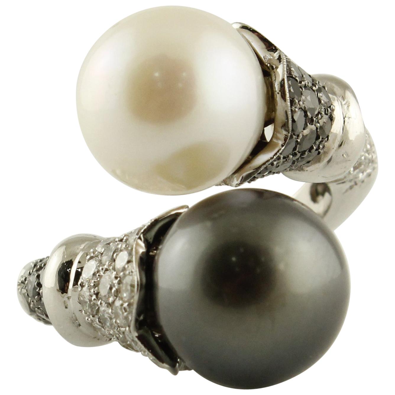 Australian and Tahiti Pearls Diamonds White Gold Contrariè Ring