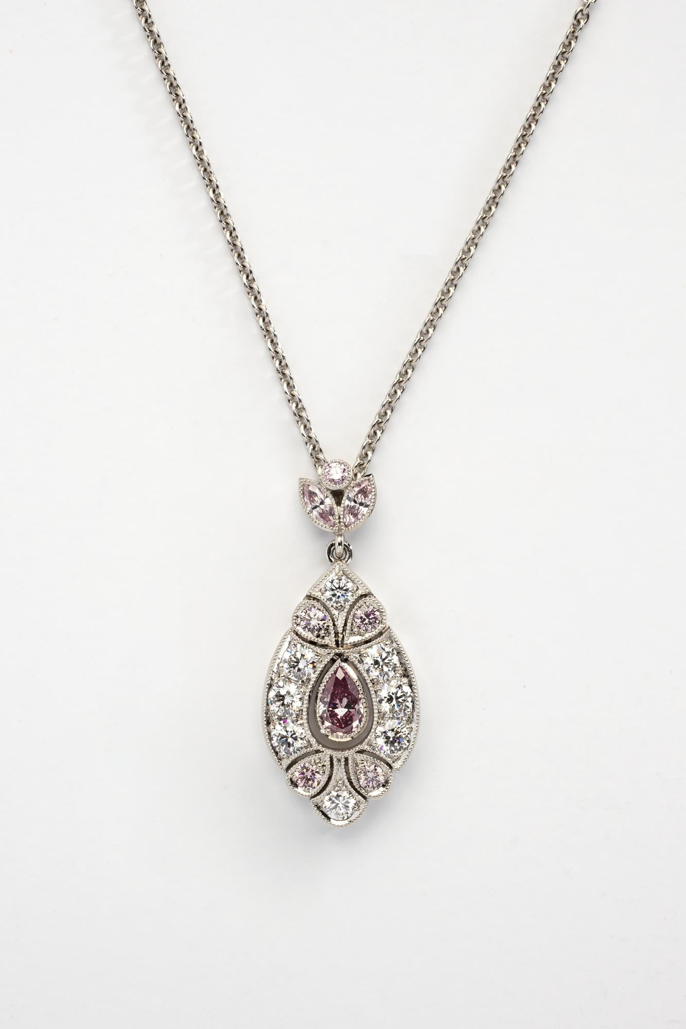 Art Deco Australian Argyle Pear Cut Pink and White Diamond Pendant