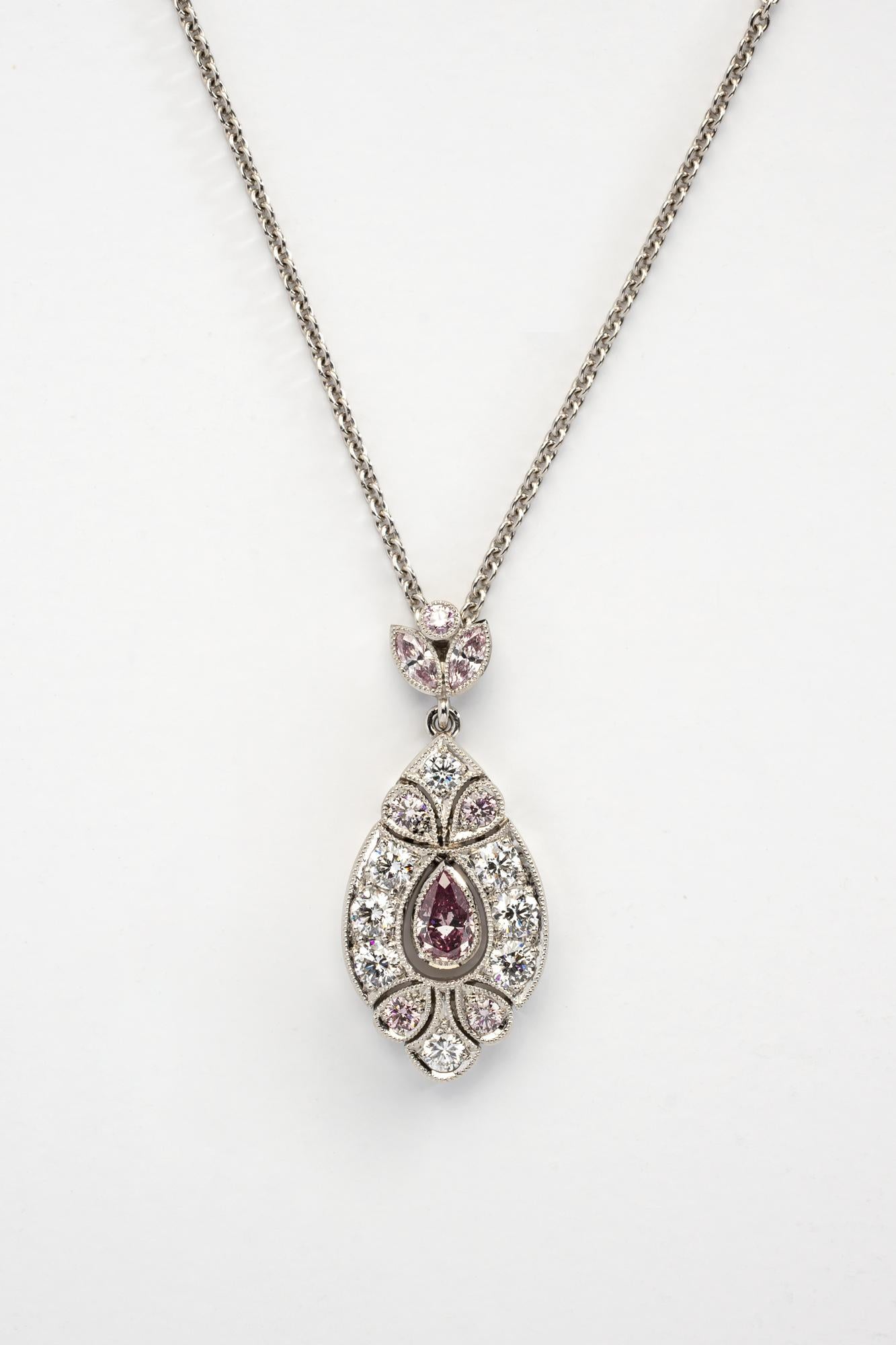 Australian Argyle Pear Cut Pink and White Diamond Pendant In New Condition In Sydney, NSW