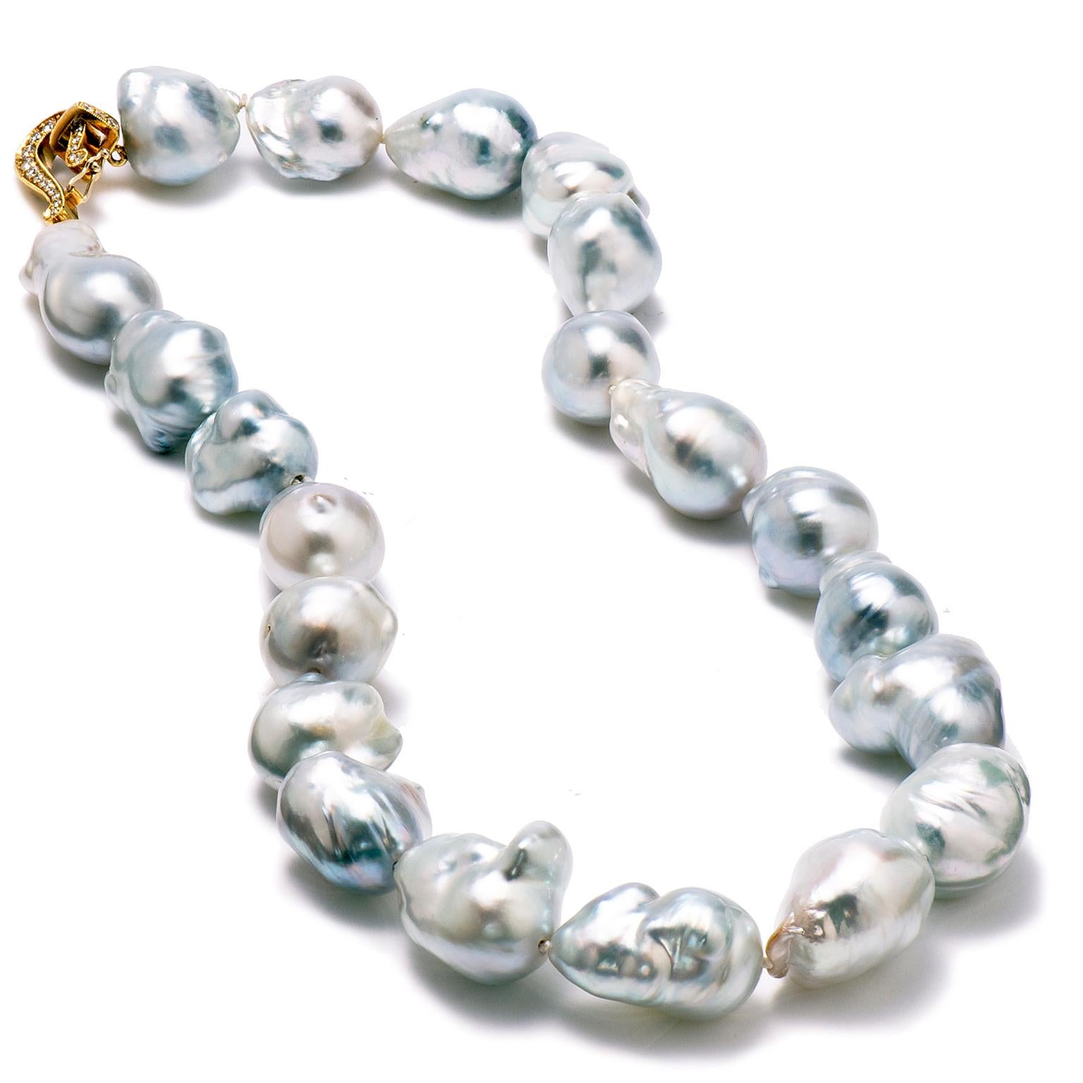 Women's Blue Australian Baroque Pearl Necklace with a 1.01 Carat Diamond Gold Clasp