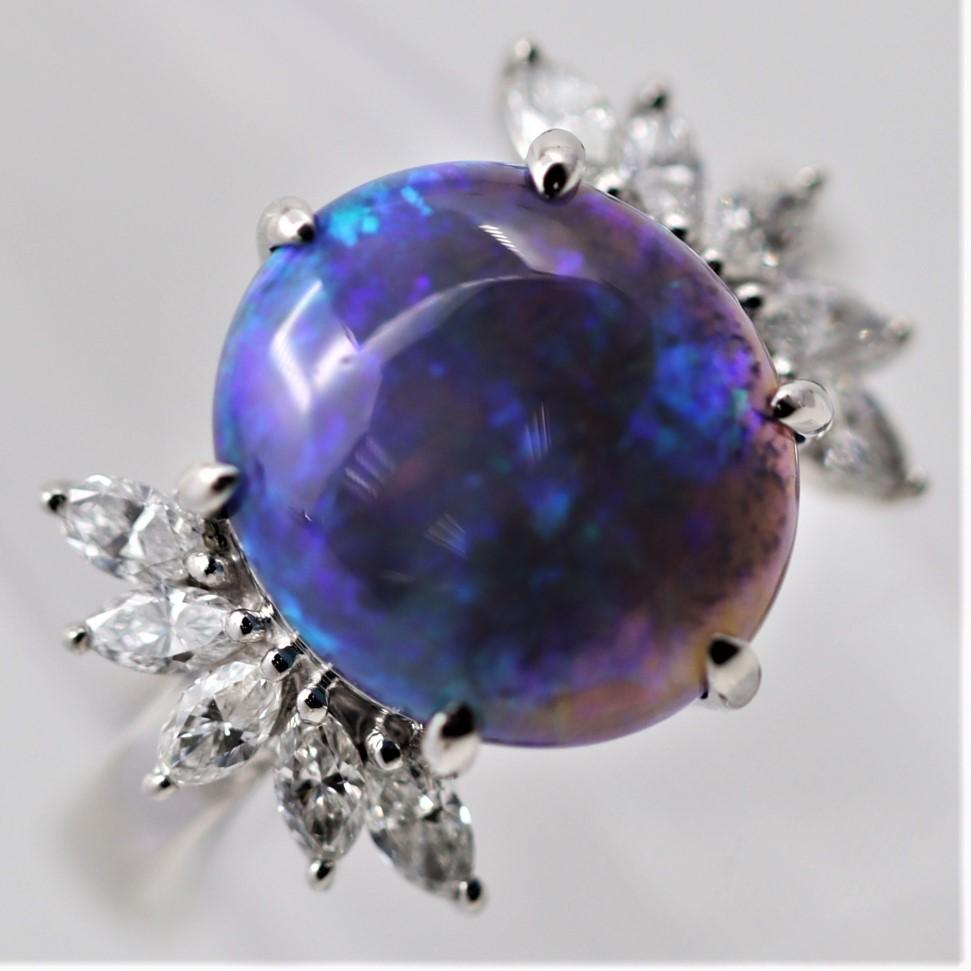 Taille mixte Bague en cristal noir d'Australie Opale Diamant Platine en vente