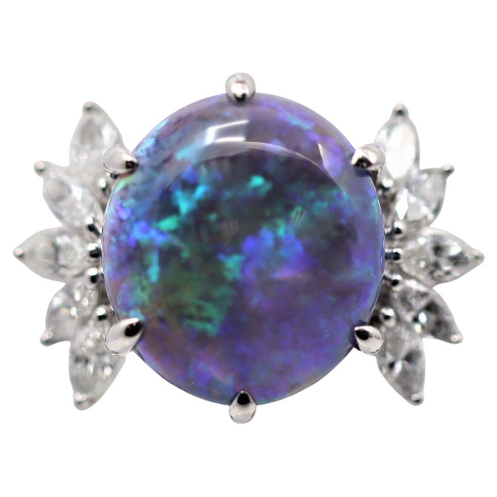 Australian Black Crystal Opal Diamond Platinum Ring