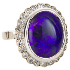 Australian Lightning Ridge Black Opal and 18 Karat Gold Diamond Cluster Ring