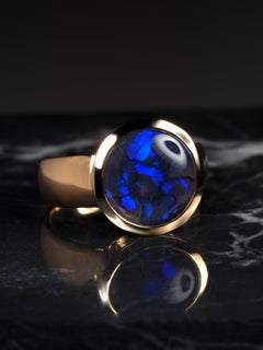 Australian Black Opal 18K Yellow Gold Ring Ink Blue opal jewelry gift