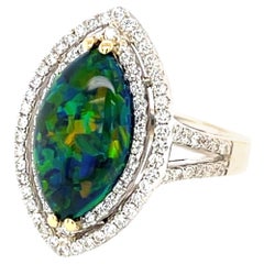 Australian Black Opal 3.15 Carats Diamond Halo Ring in 18k White Gold