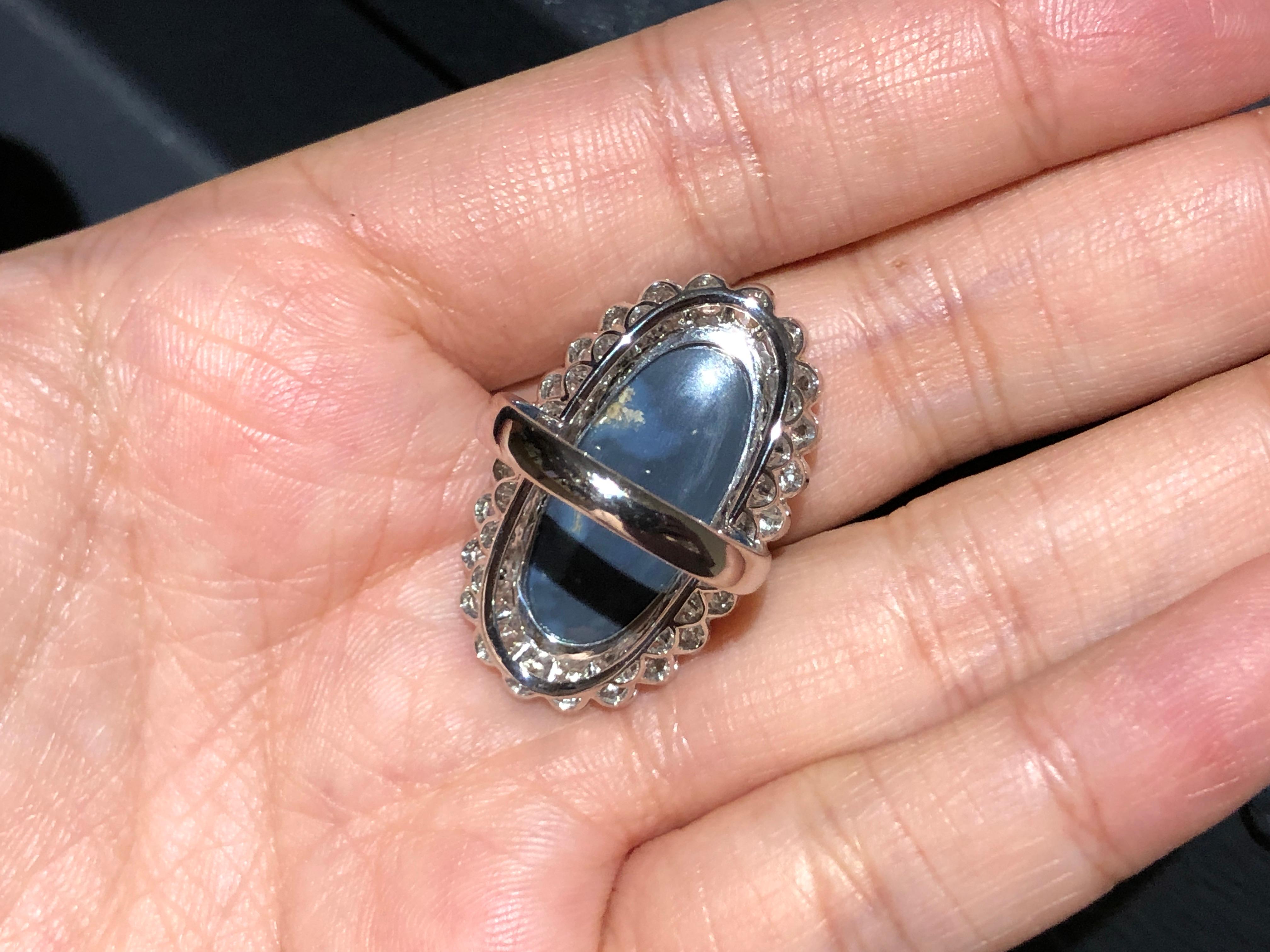 Victorian Australian Black Opal and Diamond Cluster 18 Karat Gold Ring For Sale