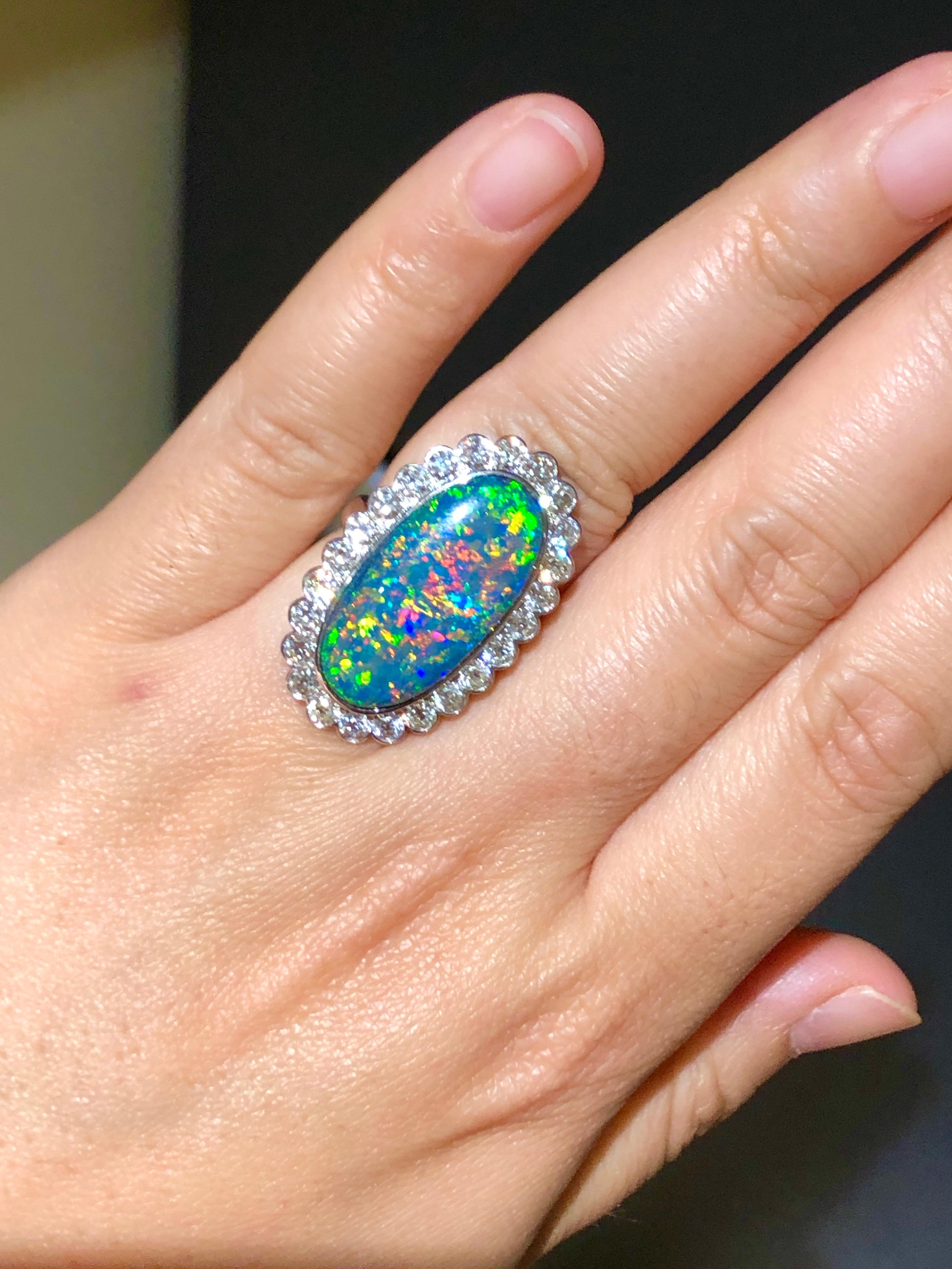 Cabochon Australian Black Opal and Diamond Cluster 18 Karat Gold Ring For Sale