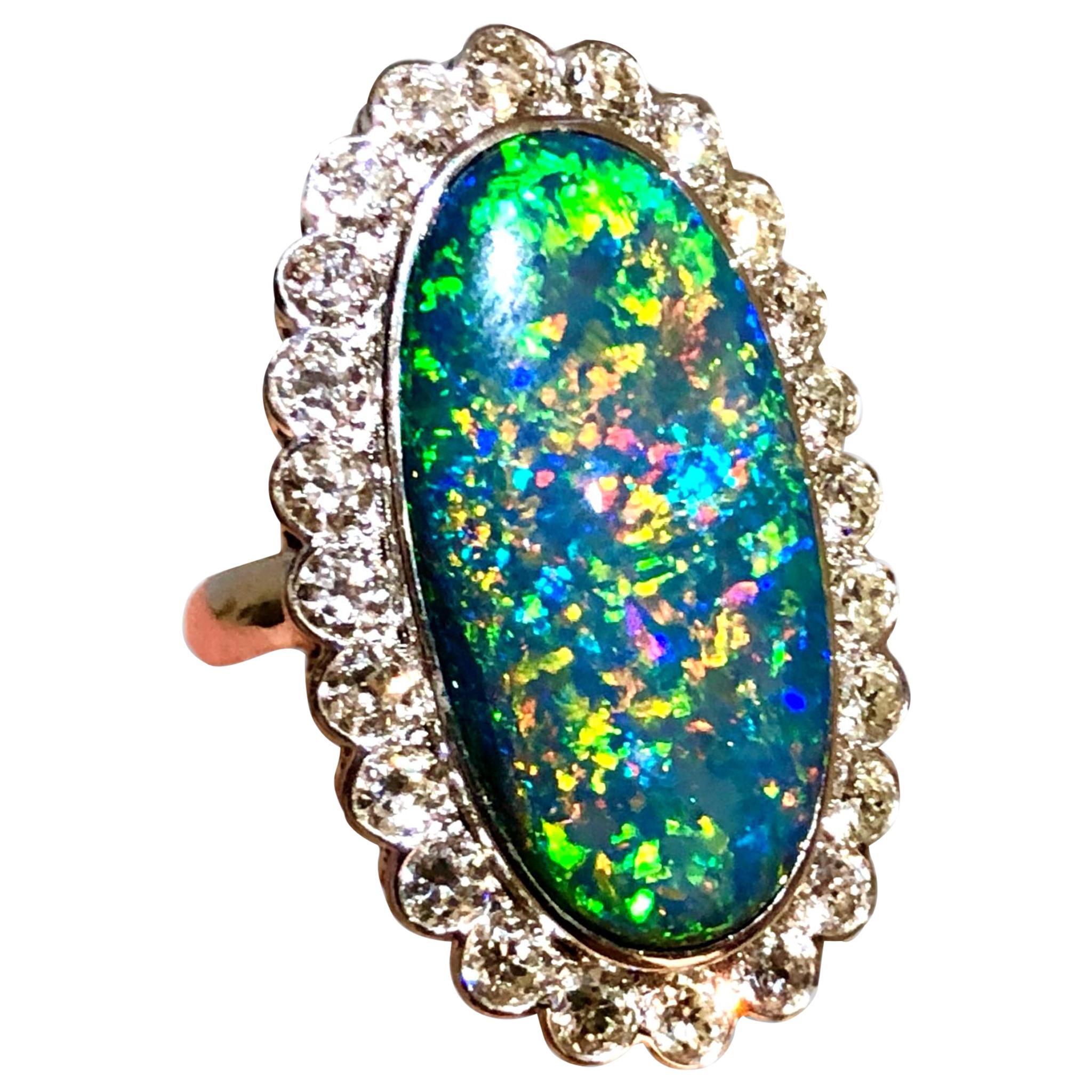 Australian Black Opal and Diamond Cluster 18 Karat Gold Ring For Sale