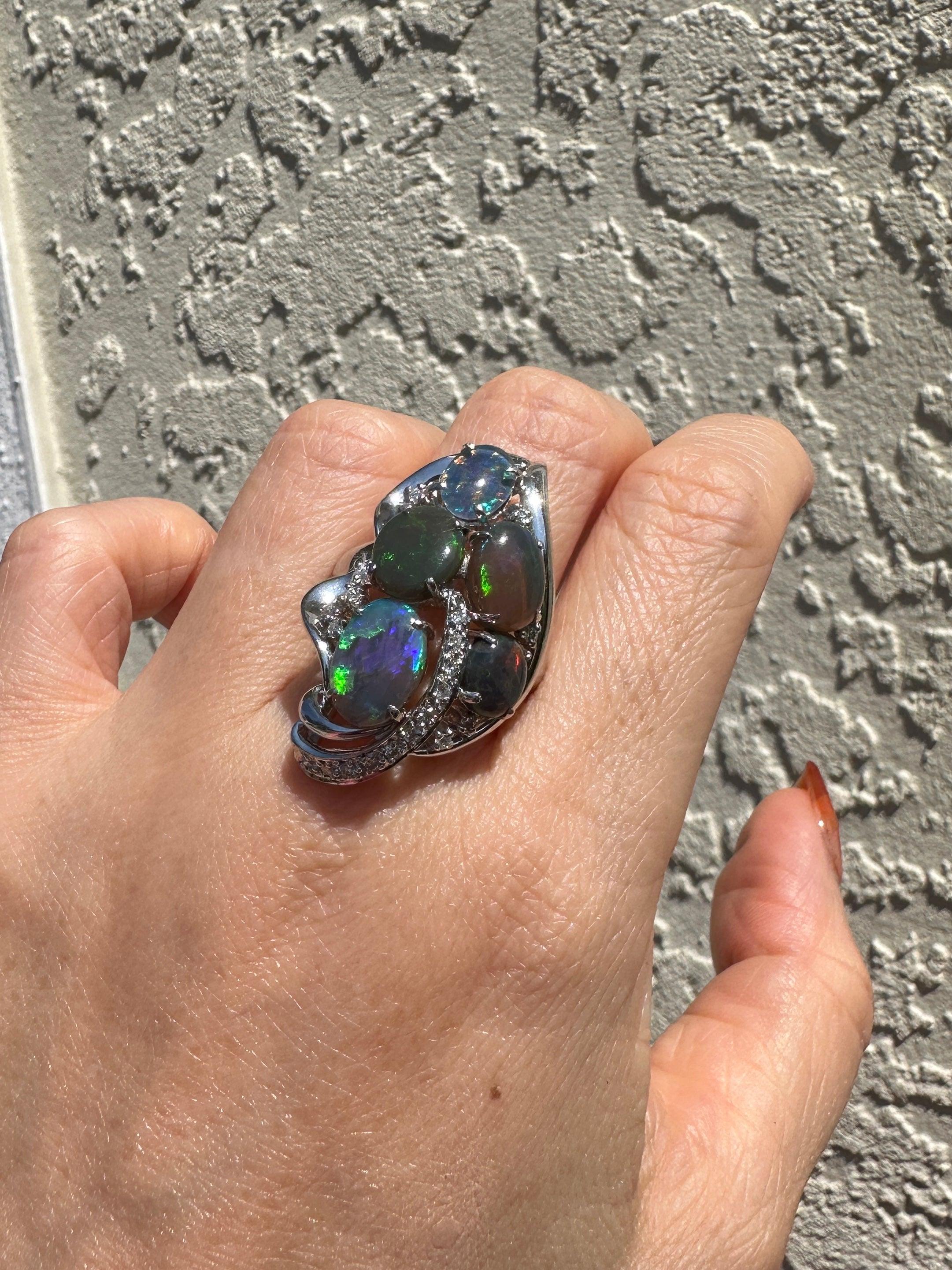Australischer australischer schwarzer Opal und Diamant-Cluster-Ring PT900 Schwerer 14g+ V1149 im Angebot 3
