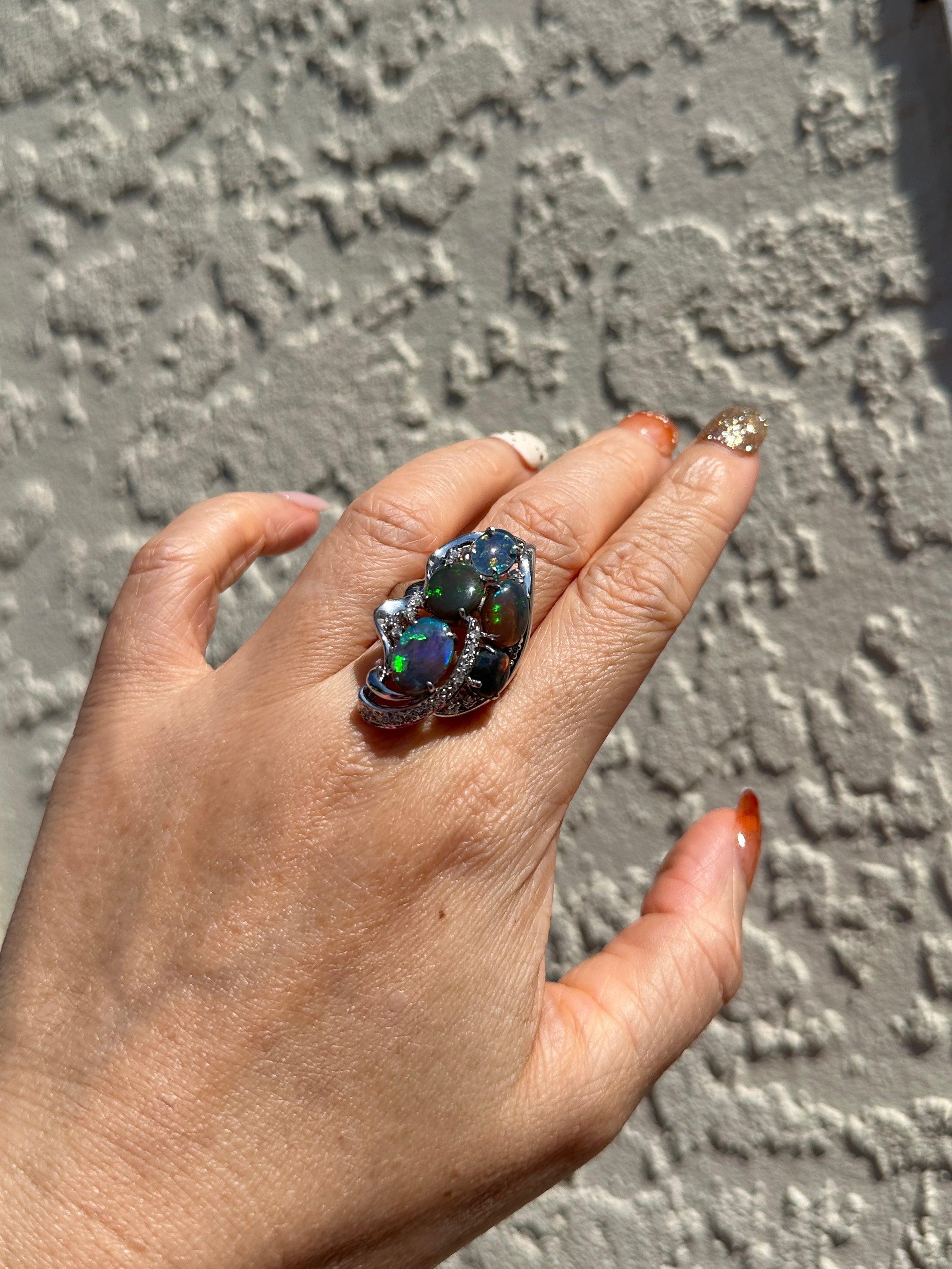 Australischer australischer schwarzer Opal und Diamant-Cluster-Ring PT900 Schwerer 14g+ V1149 im Angebot 4