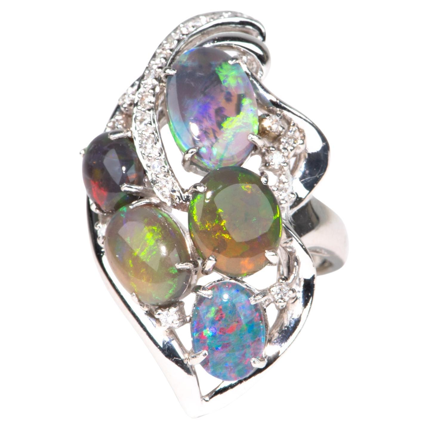 Australian Black Opal and Diamond Cluster Ring PT900 Heavy 14g+ V1149