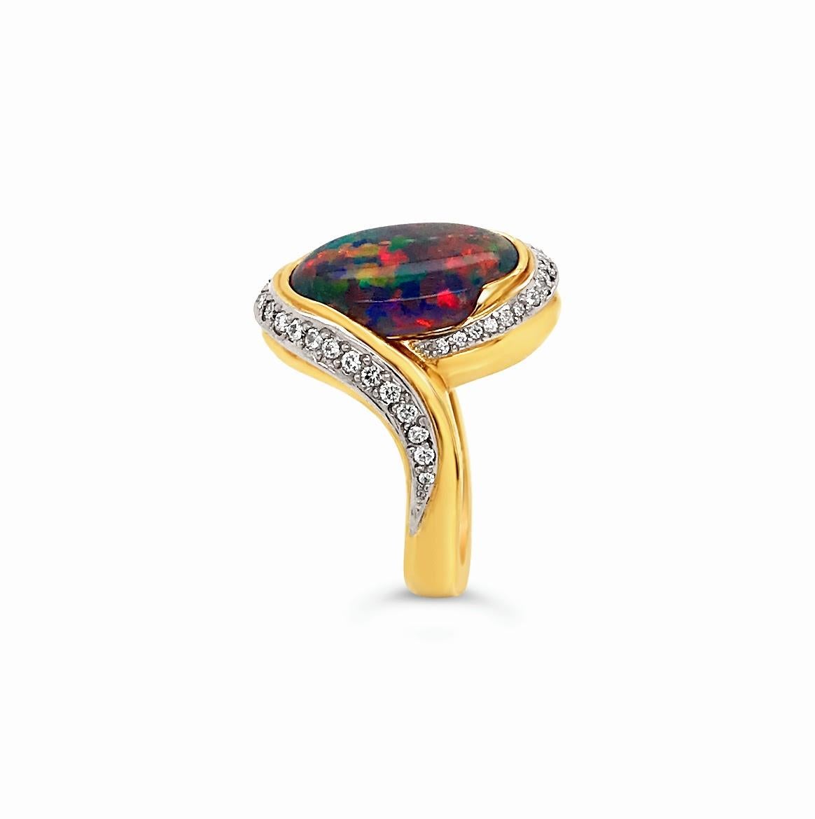 Cabochon Australian 5.48ct Black Opal and Diamond Cocktail Ring in 18K Gold