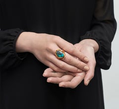 Natural Australian 10.97ct Black Opal and Diamonds Cocktail Ring 18K Yellow Gold