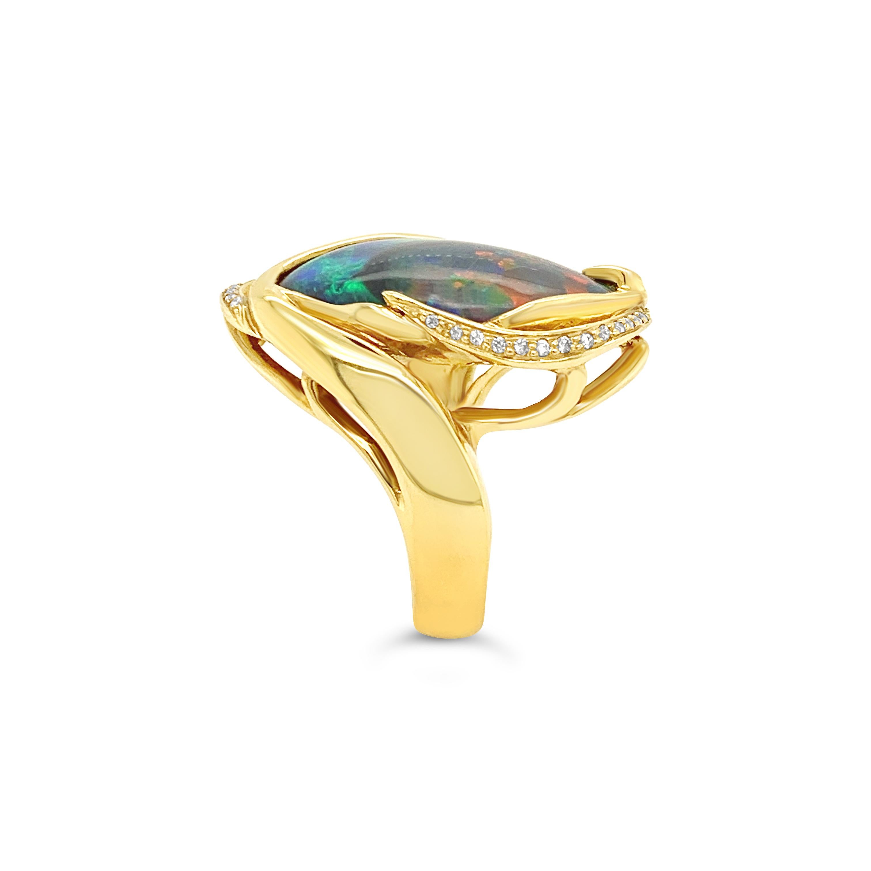 Contemporary Natural Australian 10.97ct Black Opal and Diamonds Cocktail Ring 18K Yellow Gold For Sale