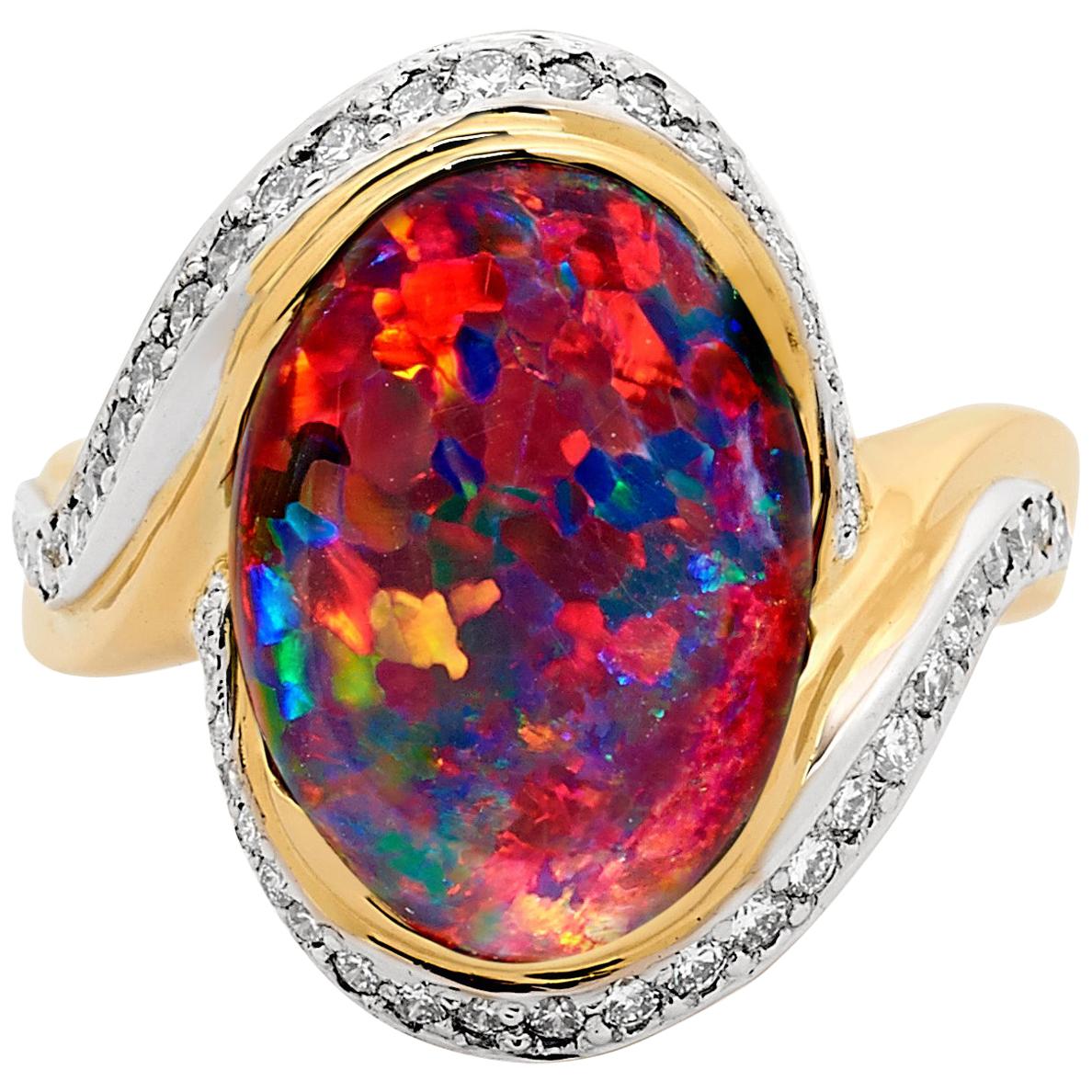 Australian 5.48ct Black Opal and Diamond Cocktail Ring in 18K Gold