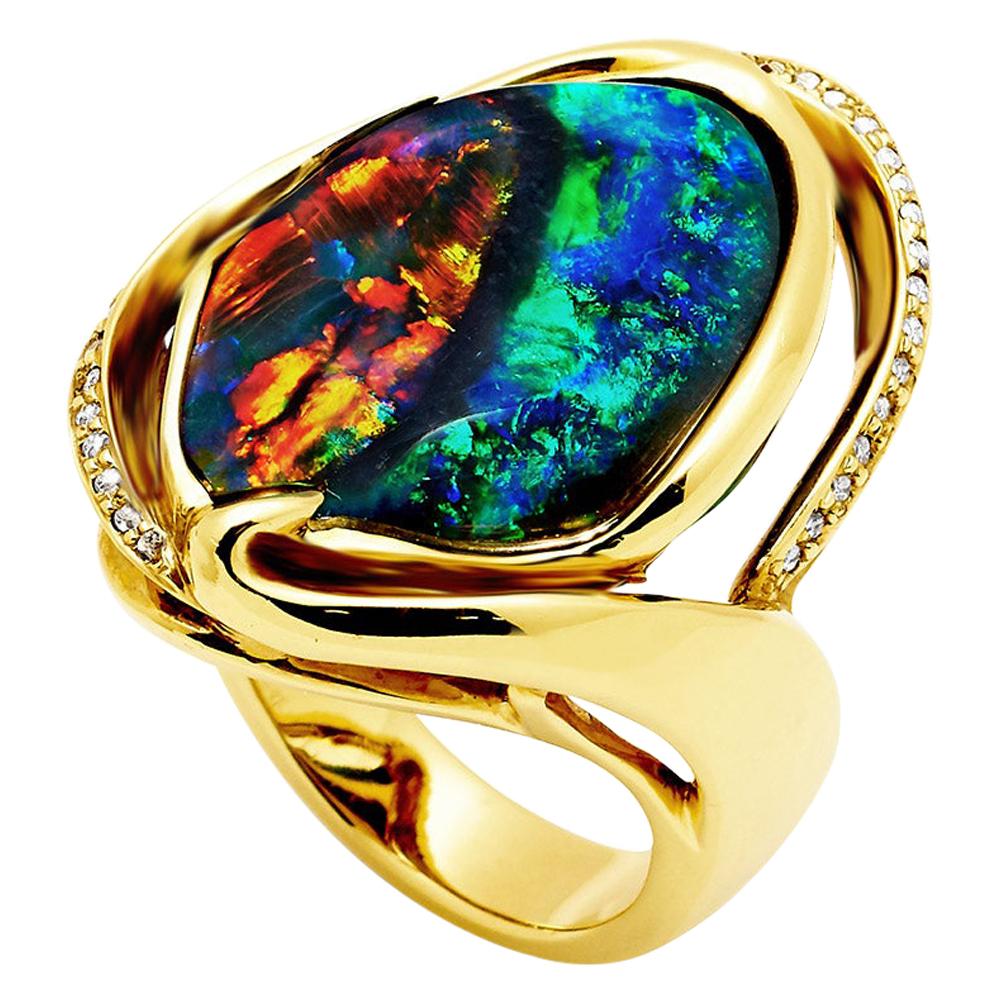 Natural Australian 10.97ct Black Opal and Diamonds Cocktail Ring 18K Yellow Gold For Sale