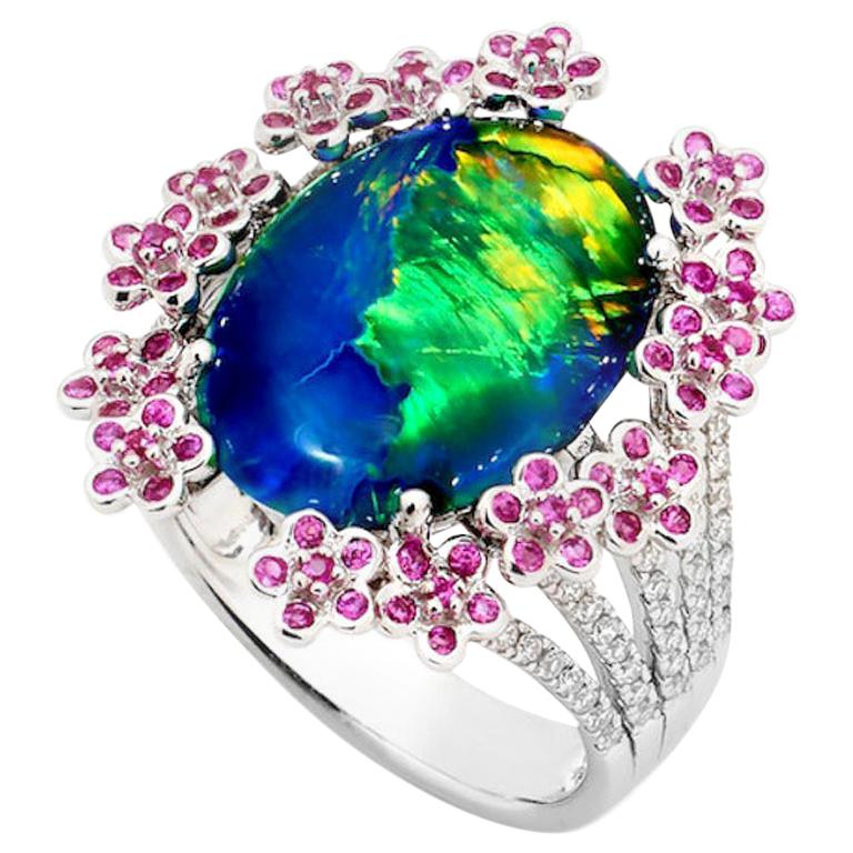 Australian 5.13ct Black Opal, Diamond, Sapphires Cocktail Ring 18K White Gold For Sale