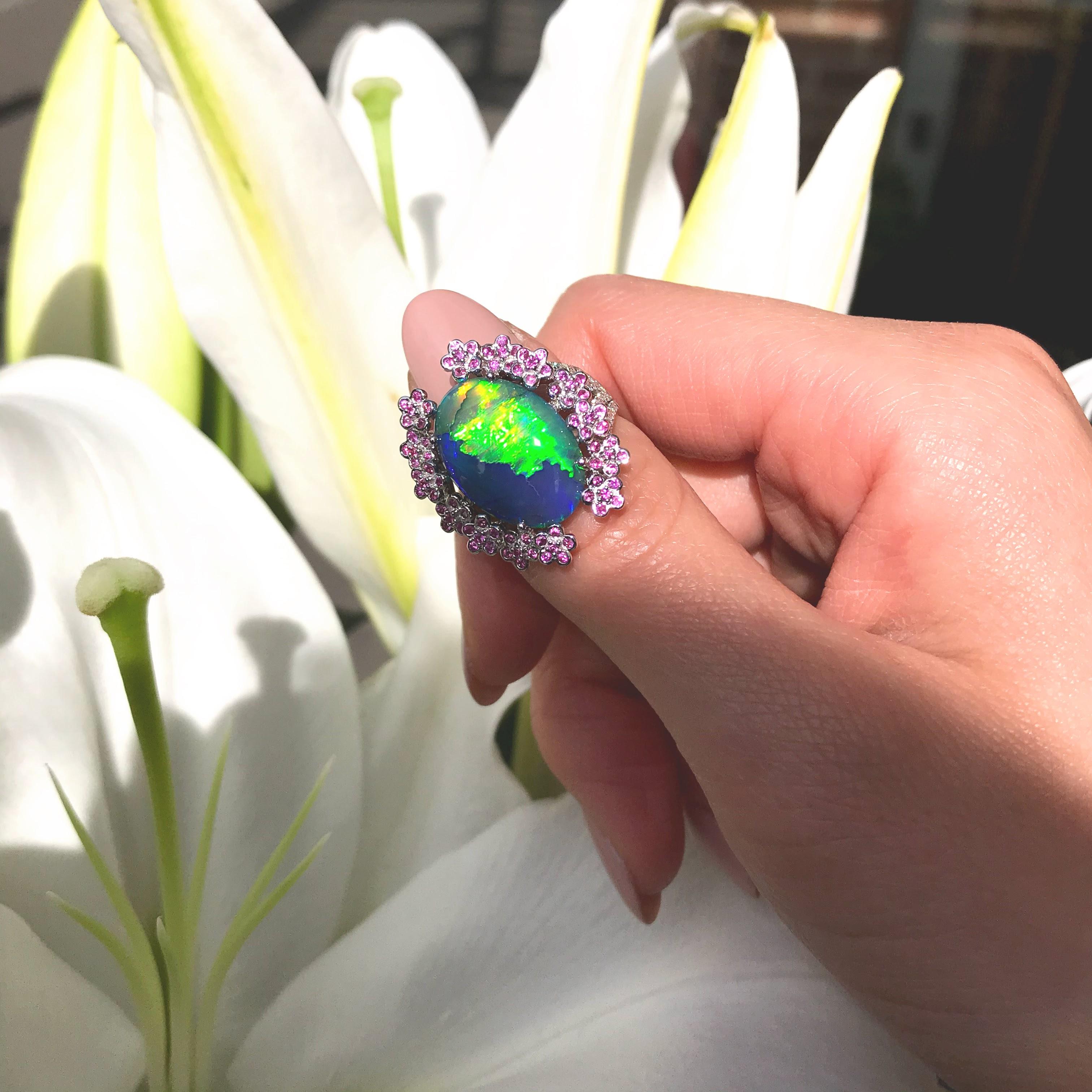 Australian 5.13ct Black Opal, Diamond, Sapphires Cocktail Ring 18K White Gold  In New Condition In Sydney, AU
