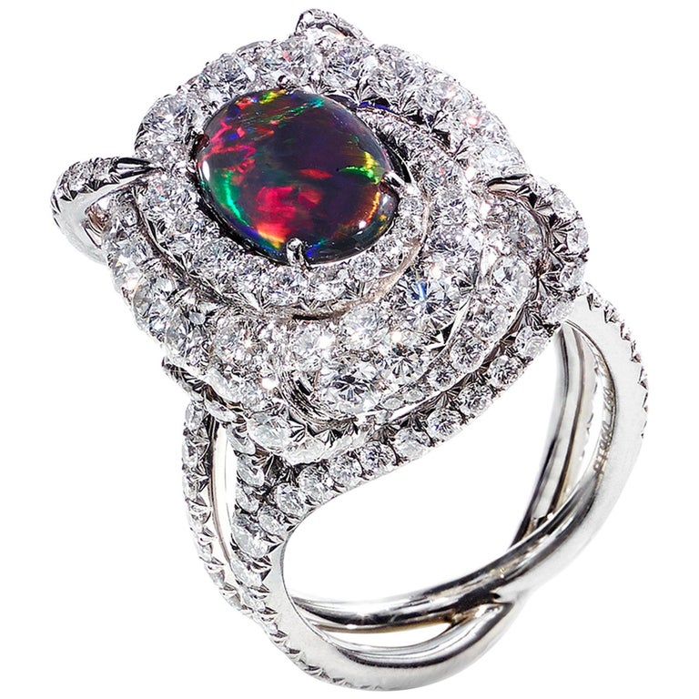 Australian Black Opal and Diamond Pave Ring For Sale at 1stDibs