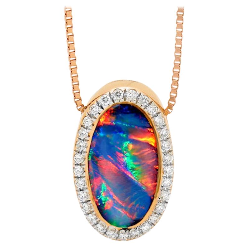 Natural Australian 1.83ct Black Opal and Diamond Pendant Necklace 18K Rose Gold