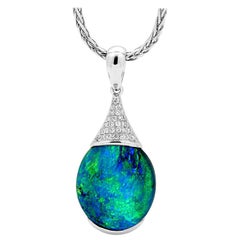 Australian 11.91ct Black Opal and Diamond Pendant 18K White Gold