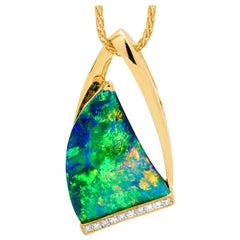 Natural Australian 4.21ct Black Opal Diamonds Necklace 18K Yellow Gold