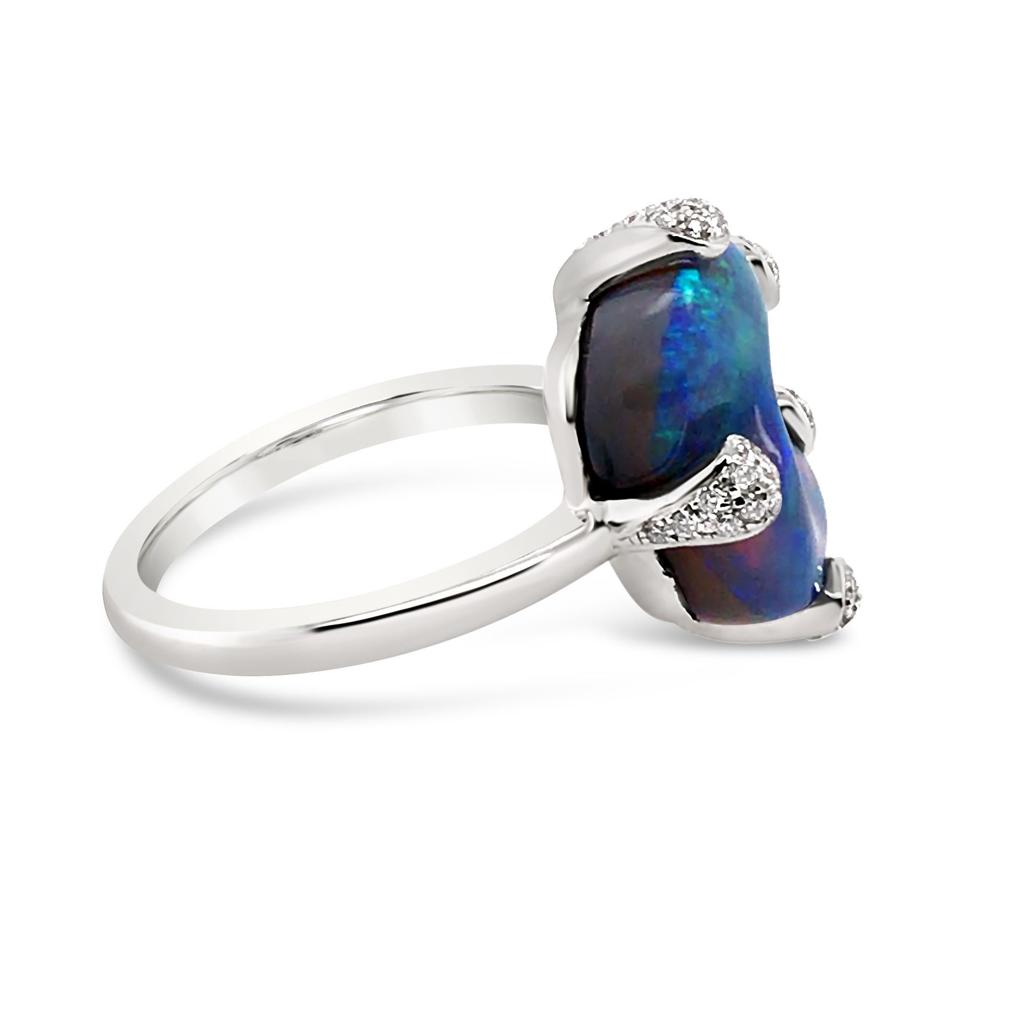 Contemporary Natural Australian 6.80ct Black Opal and Diamond Cocktail Ring in 18K White Gold For Sale