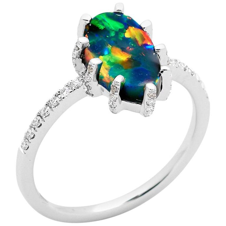 Natural Australian 1.86ct Black Opal and Diamond Engagement Ring 18K White Gold For Sale