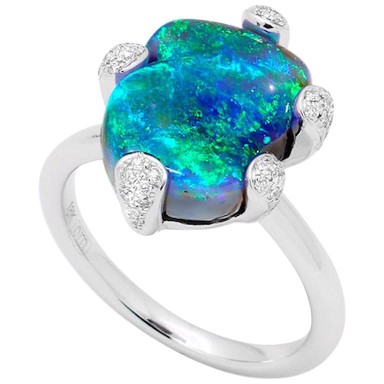 Boulder Opal Solitaire Ring for Women Gold Plated Silver White Zircon 1.23ct 