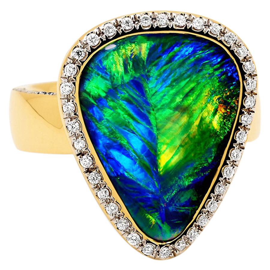 Australian 5.03ct Black Opal and Diamond Cocktail Ring in 18K Yellow Gold