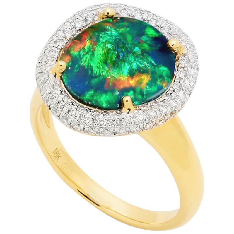 Natural Australian 4.34ct Black Opal/Diamond Engagement Ring 18K Yellow Gold