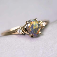 Australian Black Opal and Diamond Ring in Solid 14K Yellow Gold