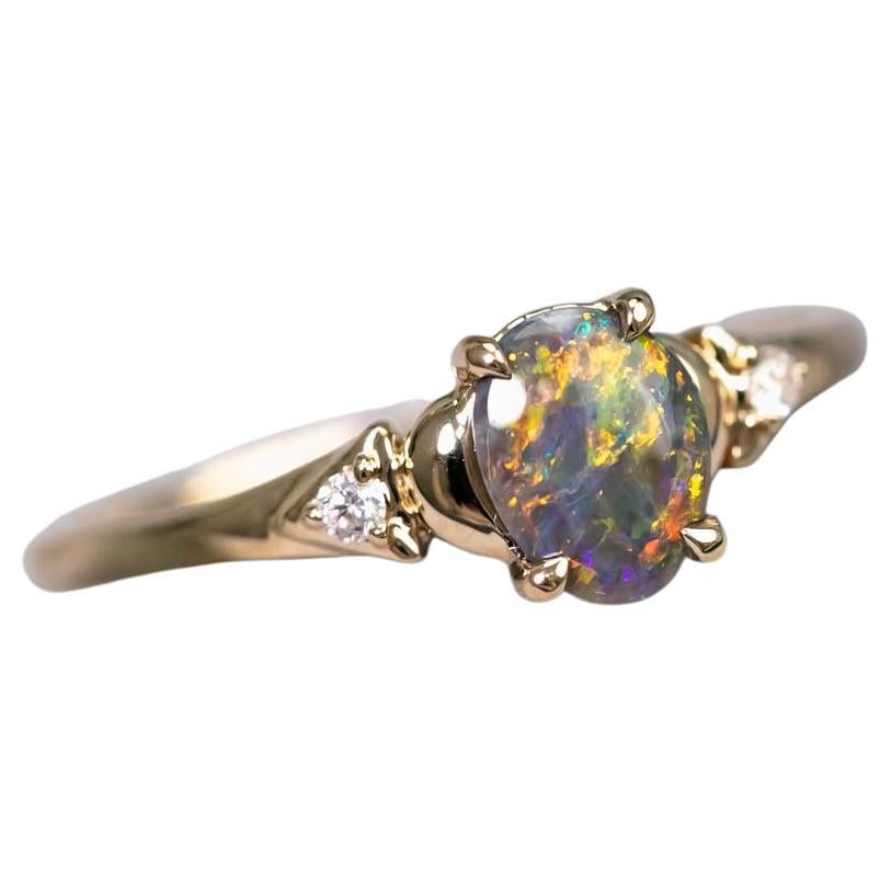 Australian Black Opal and Diamond Ring in Solid 14K Yellow Gold