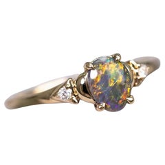Australian Black Opal and Diamond Ring in Solid 14K Yellow Gold