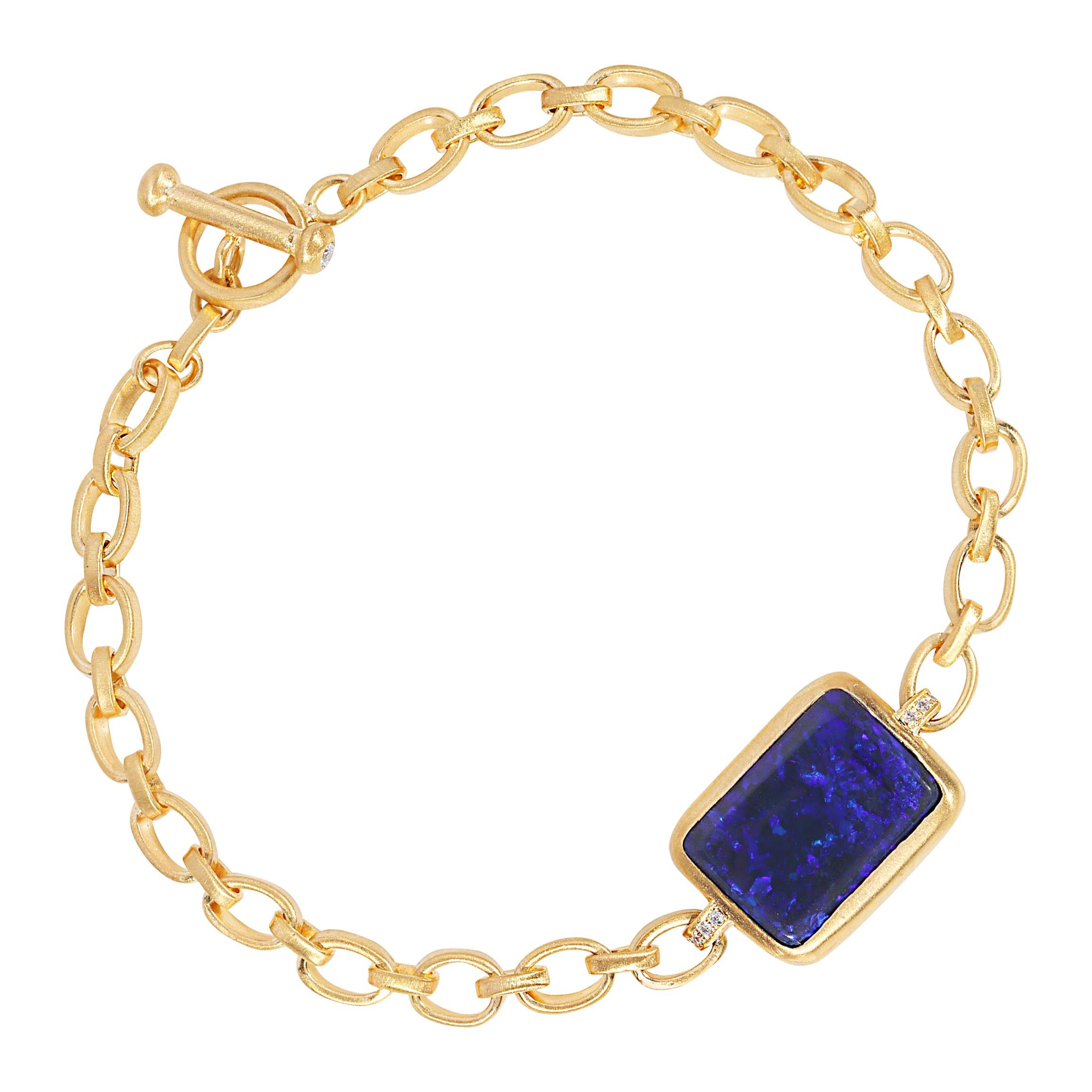 Australian Black Opal Bracelet on Handmade 18k Matte Gold Chain For Sale
