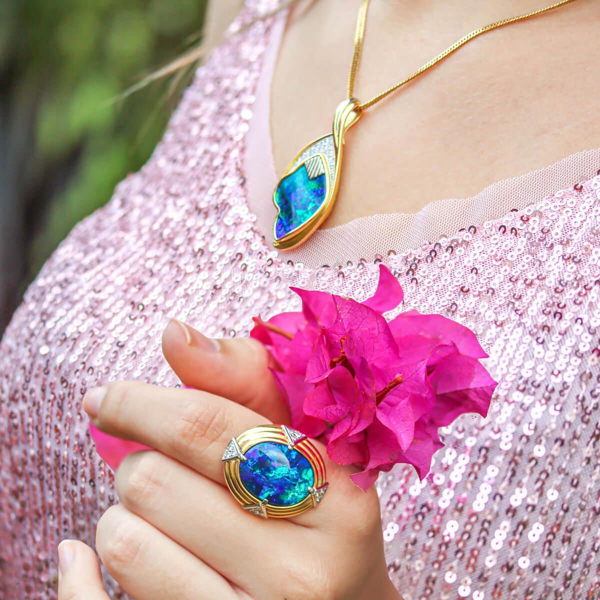 black opal and diamond ring