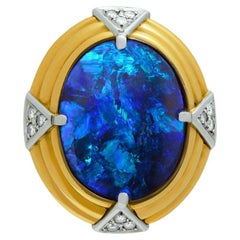 Vintage 12.28 Carat Australian Black Opal, Diamond, 18K Gold & Platinum Ring