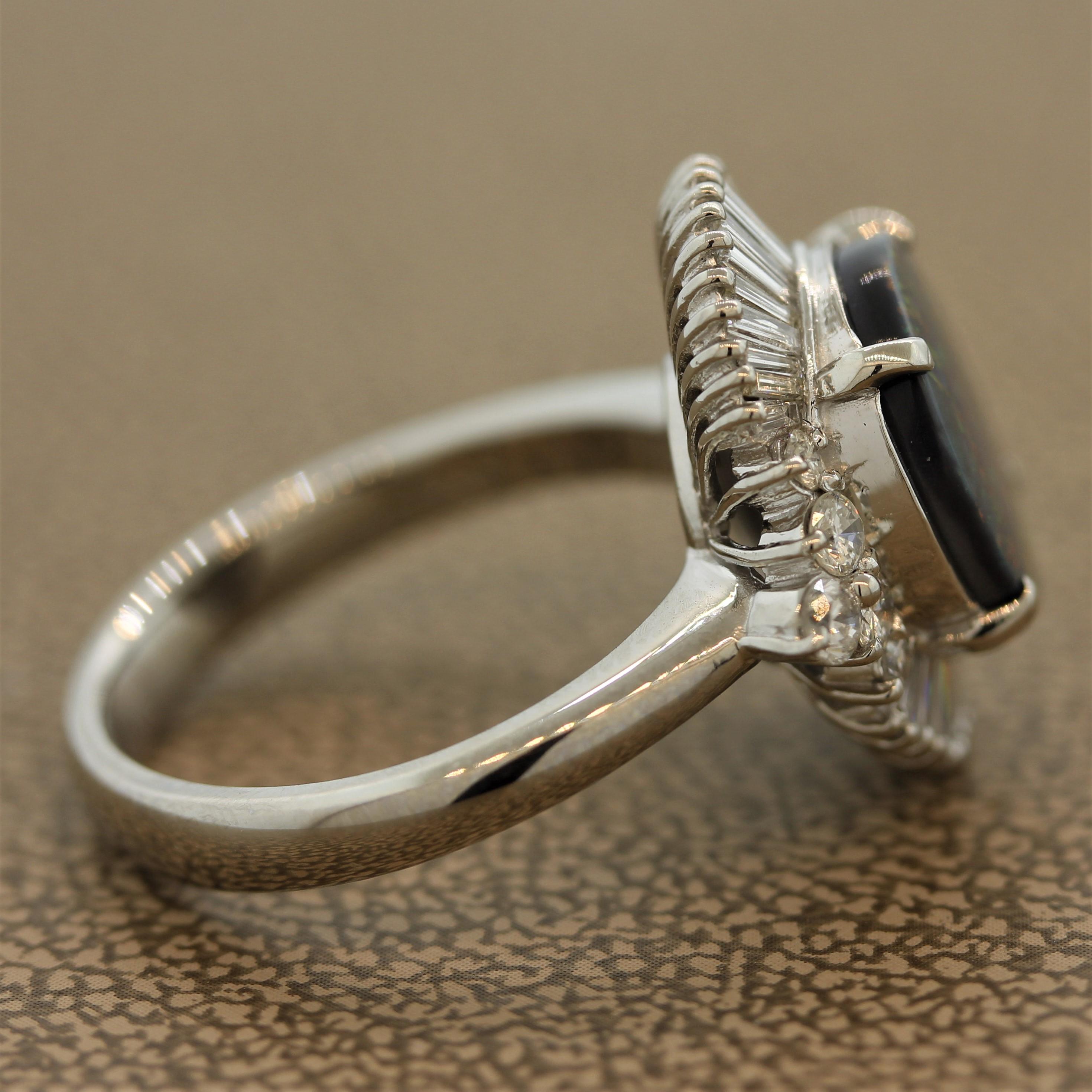 Women's Australian Black Opal Diamond Cluster Platinum Ring