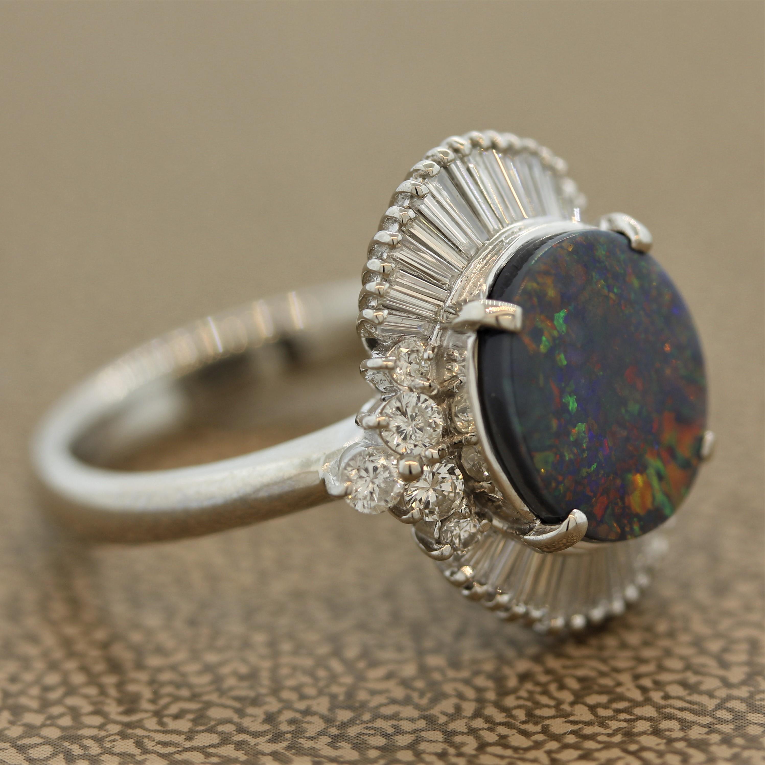 Australian Black Opal Diamond Cluster Platinum Ring 1