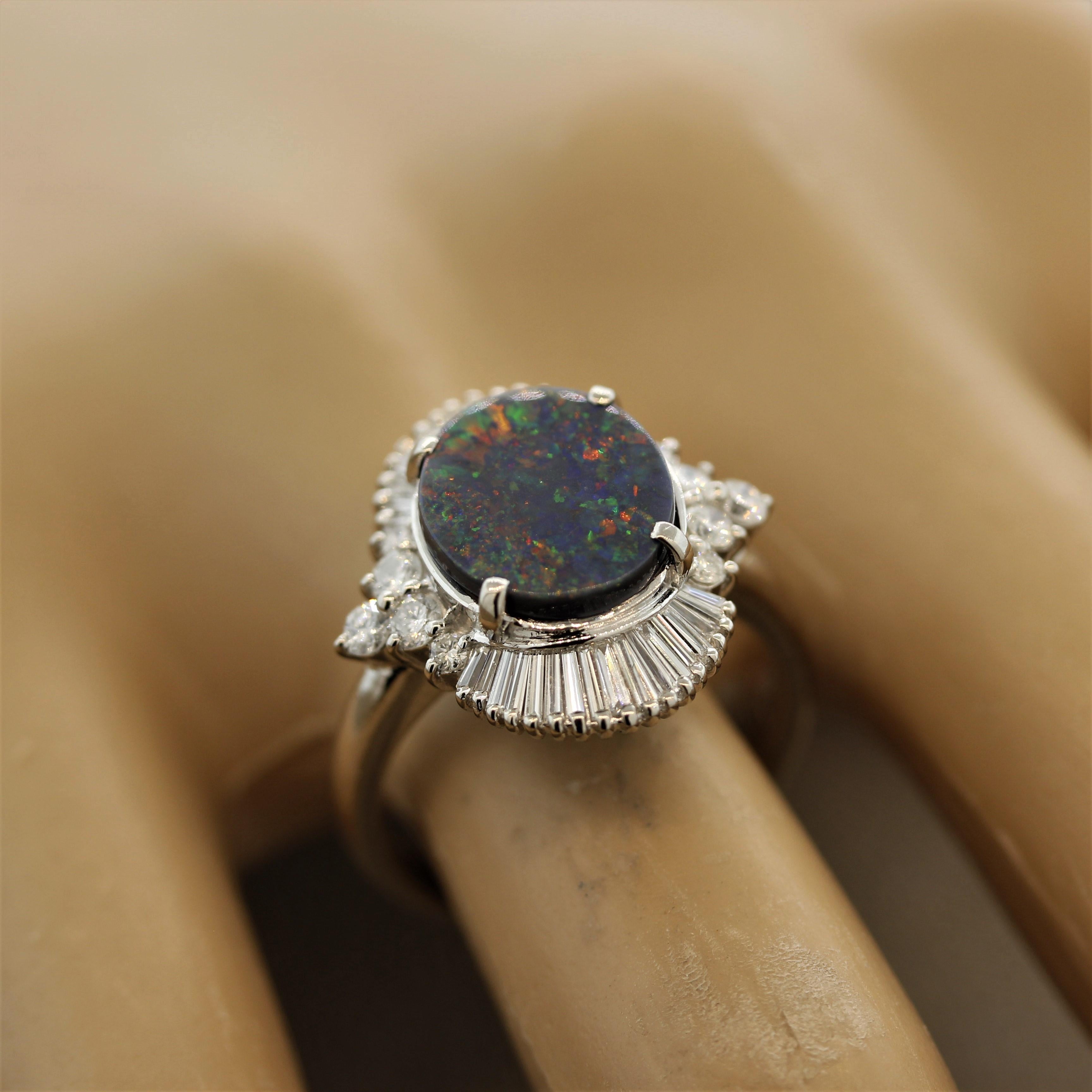Australian Black Opal Diamond Cluster Platinum Ring 2