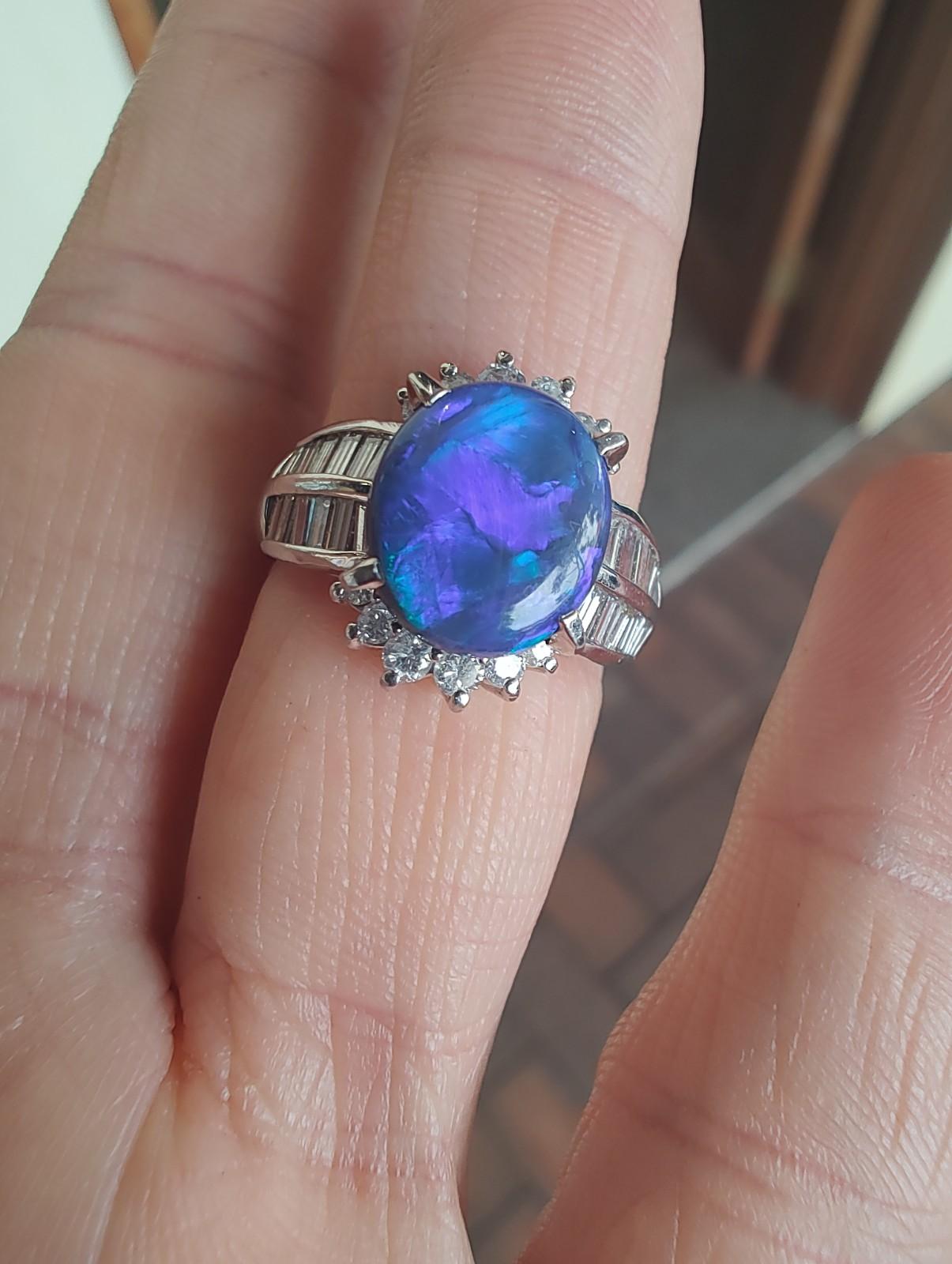 Oval Cut Australian Solid Black Opal Diamond Dress Ring For Sale