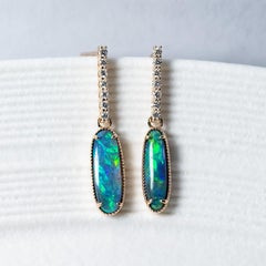 Australian Black Opal Diamond Drop Earrings in 14K Yellow Gold