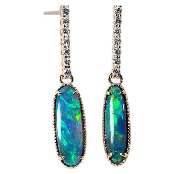 Australian Black Opal Diamond Drop Earrings in 14K Yellow Gold
