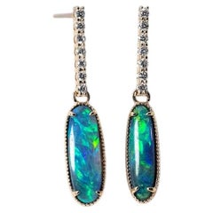 Australian Black Opal Diamond Drop Earrings in 14K Yellow Gold