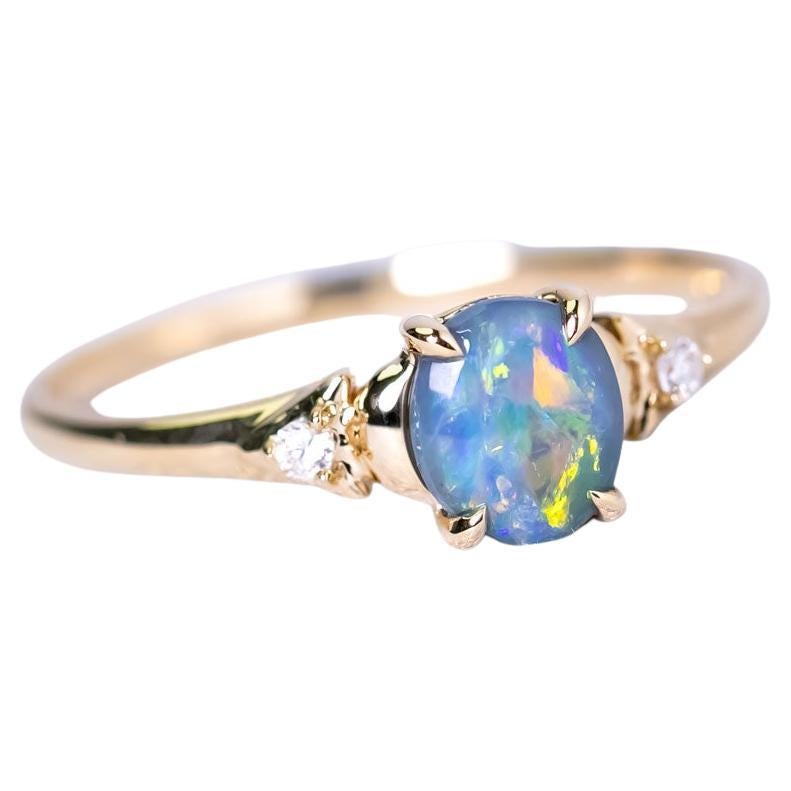 Australian Black Opal 
Diamond Engagement Wedding Ring in 14k Yellow Gold For Sale