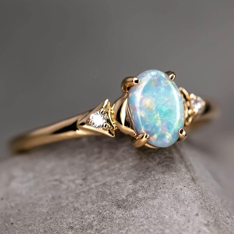 Arts and Crafts Australian Black Opal & Diamond Engagement Wedding Ring in 18k Yellow Gold For Sale