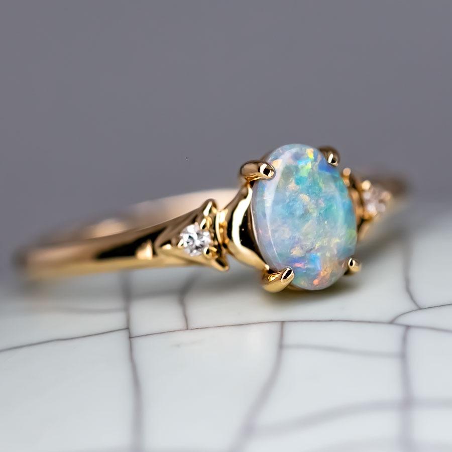 Brilliant Cut Australian Black Opal & Diamond Engagement Wedding Ring in 18k Yellow Gold For Sale